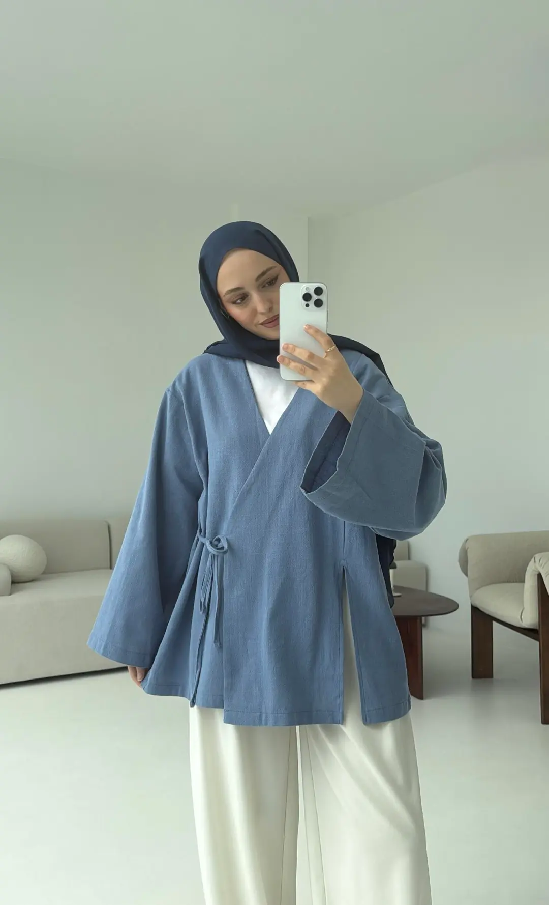 İndigo Yırtmaç Detay Keten Kimono