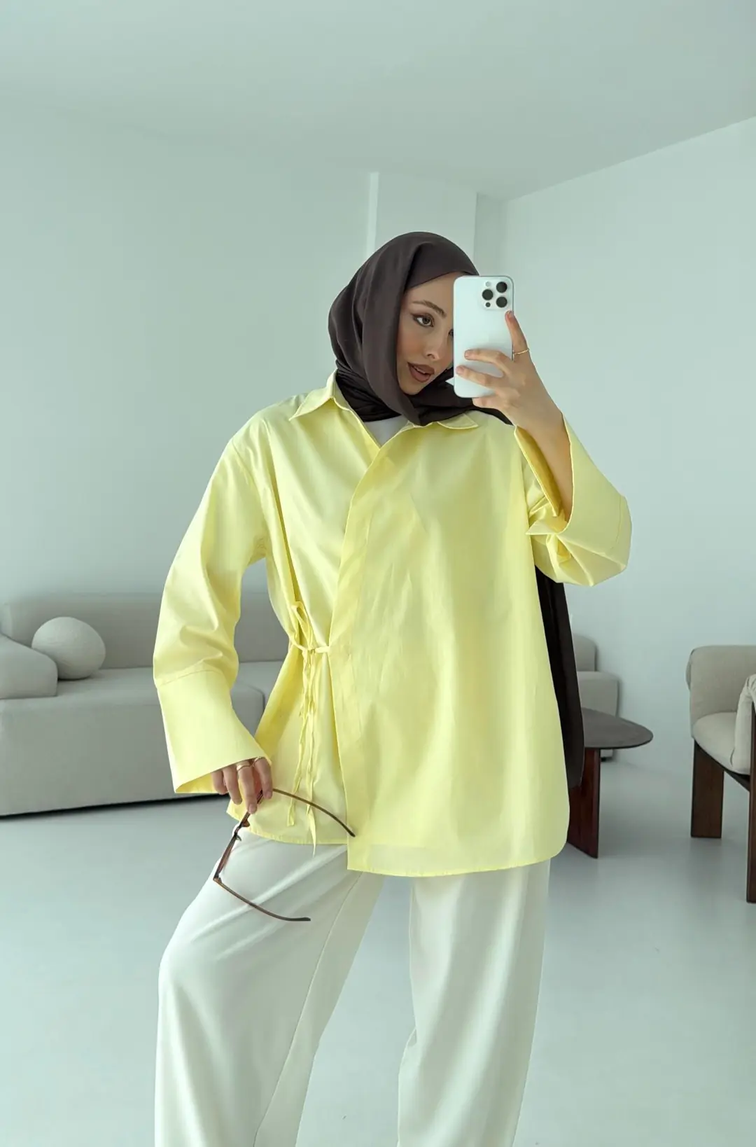 Çapraz Bağlamalı Kol Detay Gömlek Sarı