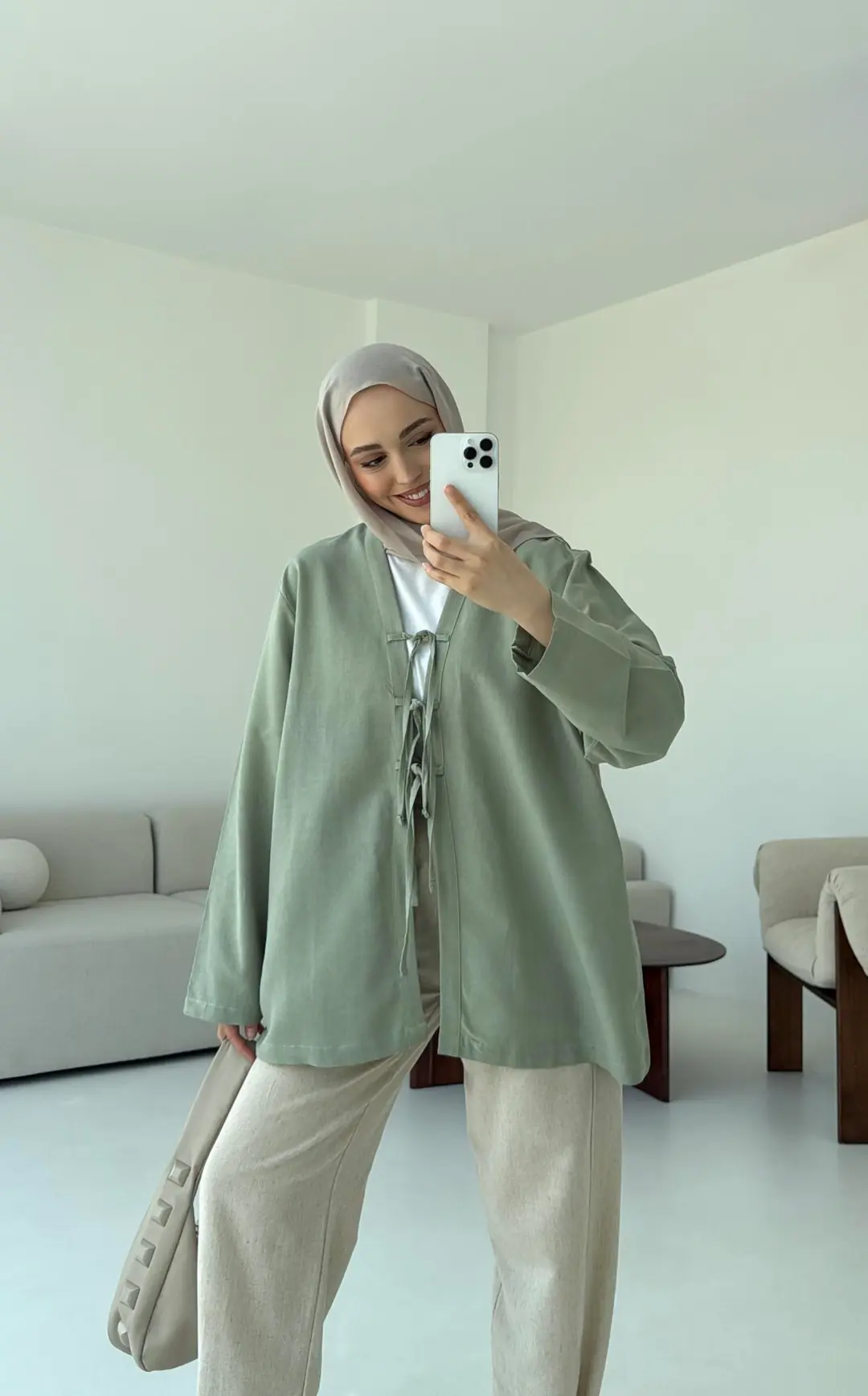Keten Üç Bağlamalı Kimono Çağla
