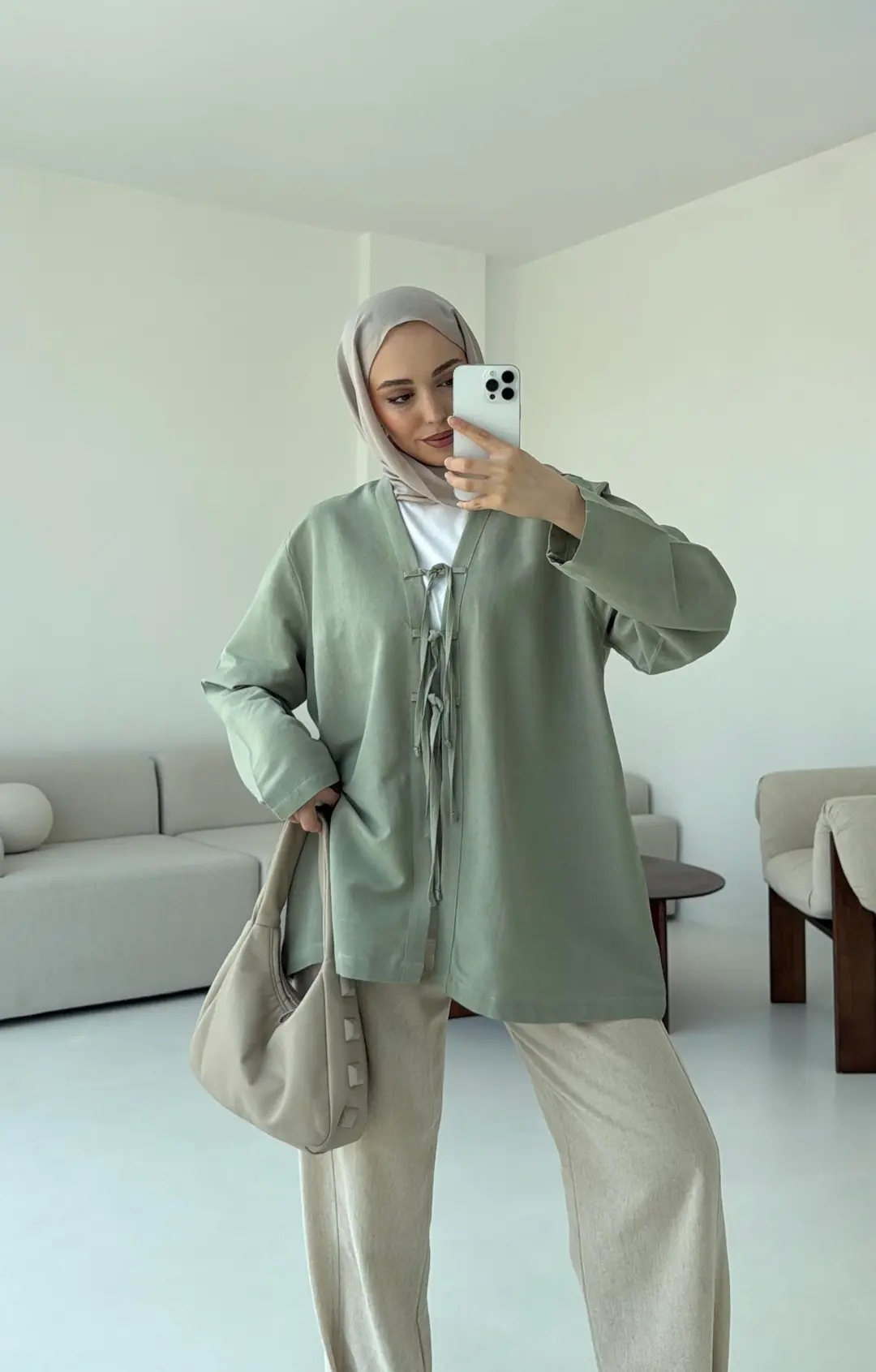 Keten Üç Bağlamalı Kimono Çağla