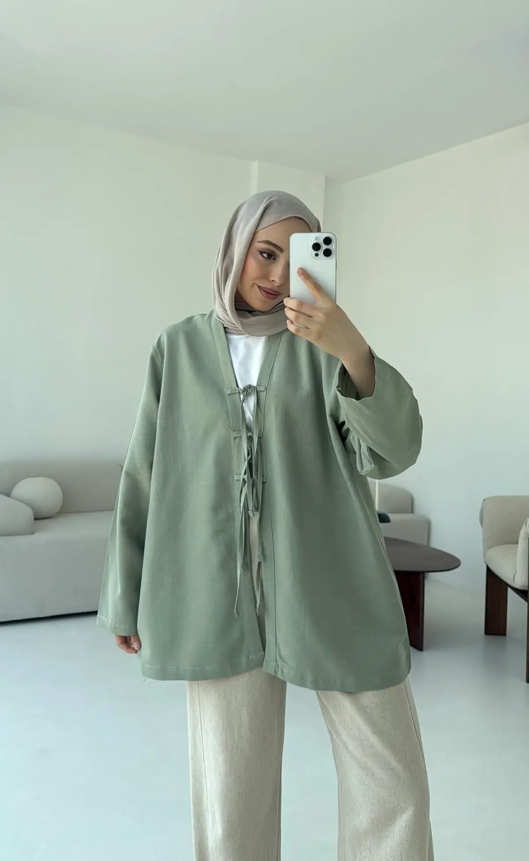 Keten Üç Bağlamalı Kimono Çağla
