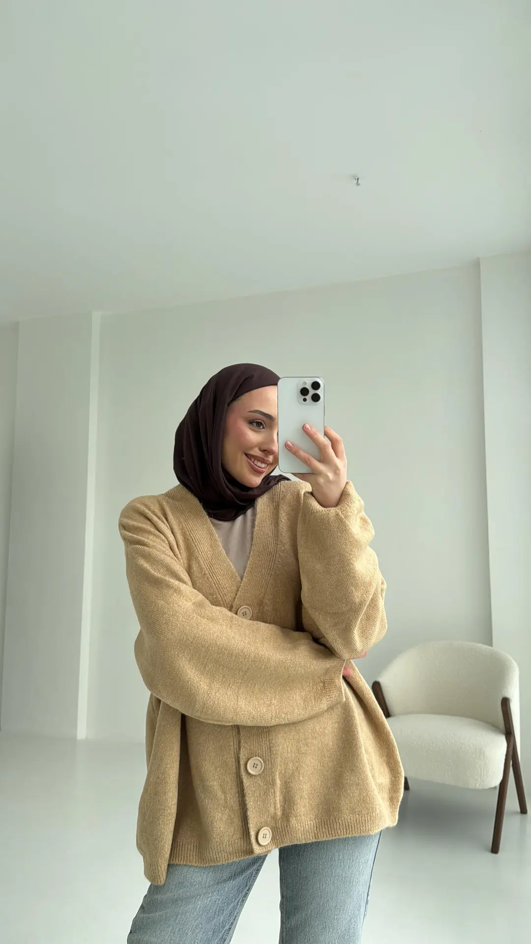 Oversize Yünlü Triko Hırka Vizon