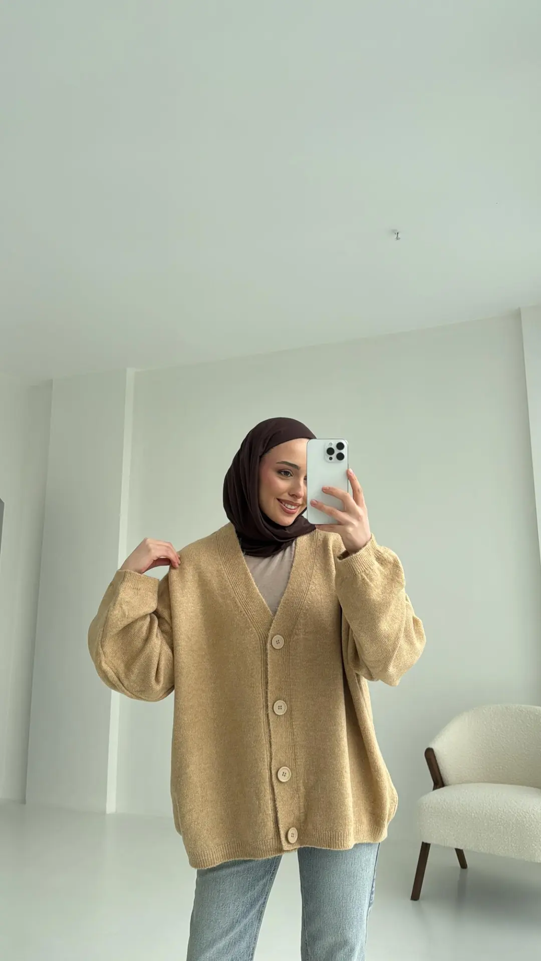 Oversize Yünlü Triko Hırka Vizon