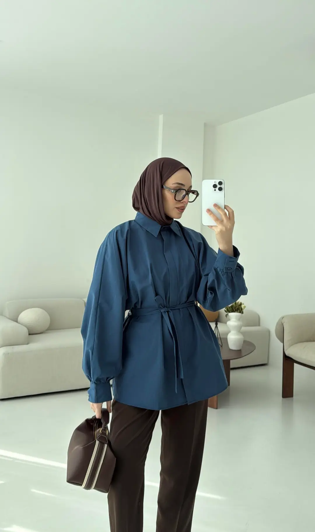 İndigo Balon Kol Bağlamalı Gömlek