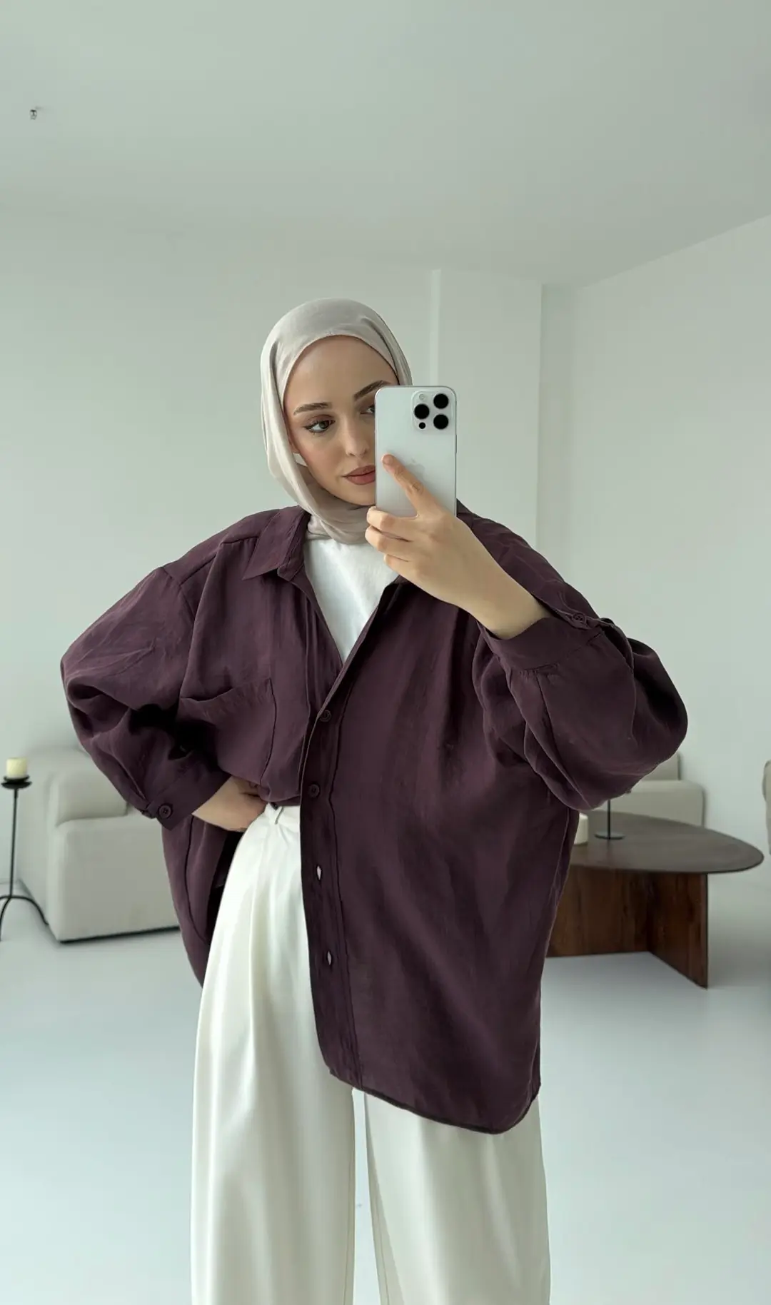 Düşük Omuz Oversize Gömlek Mürdüm