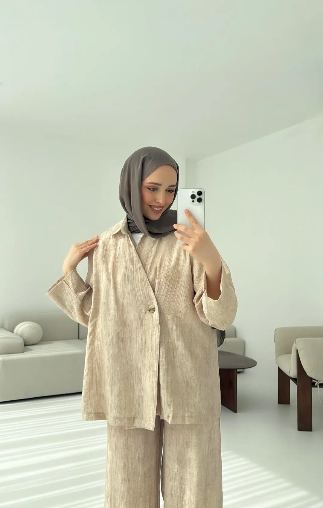 Düğme Detay Yazlık Takım Vizon