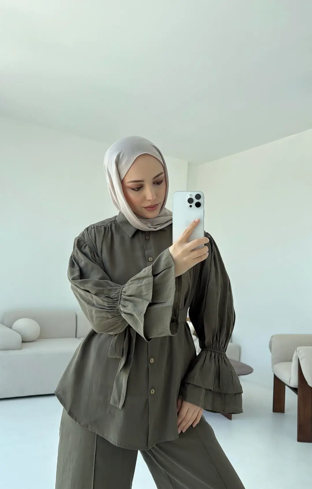 Büzgülü Oversize Gömlek Takım Haki