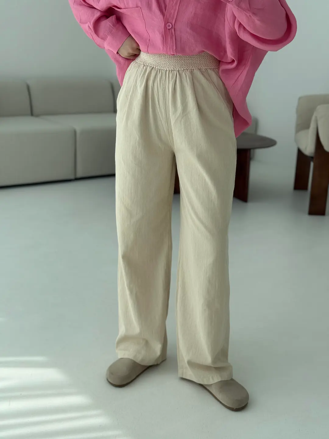 Bel Detaylı Keten Pantolon