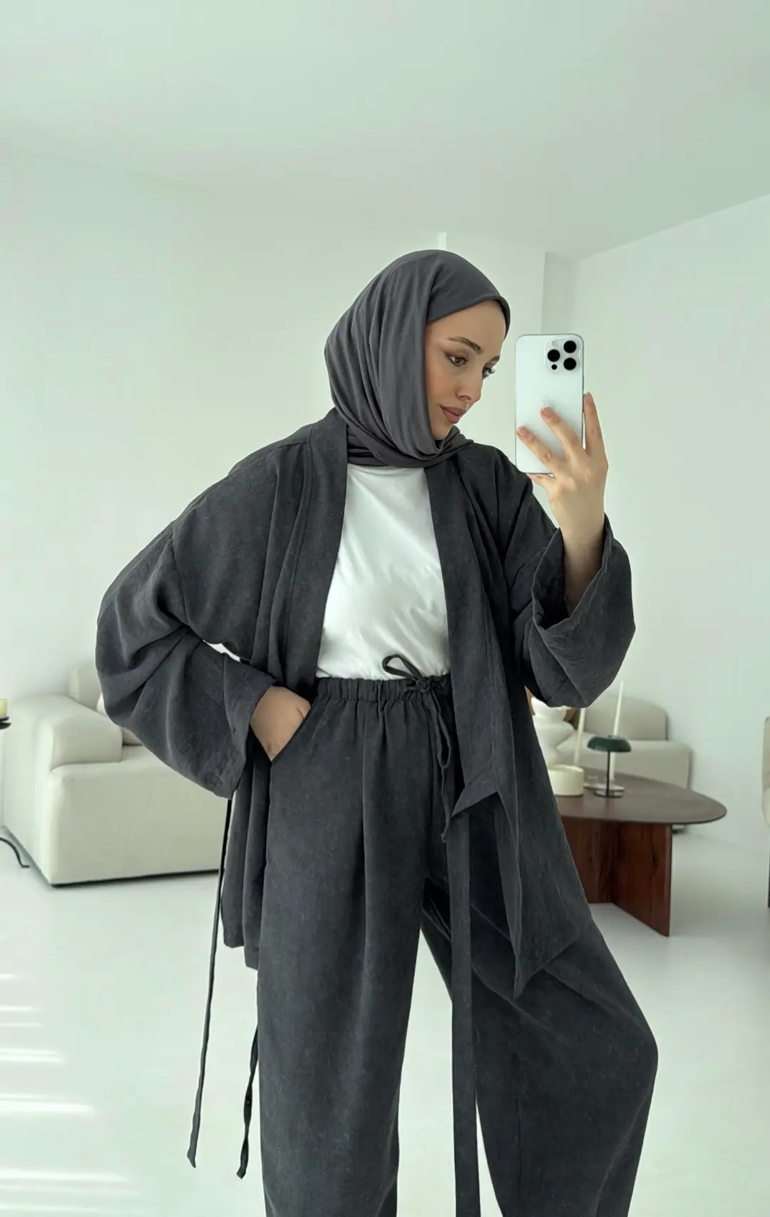 Kimono Pantolon Bambu Batik Takım Antrasit