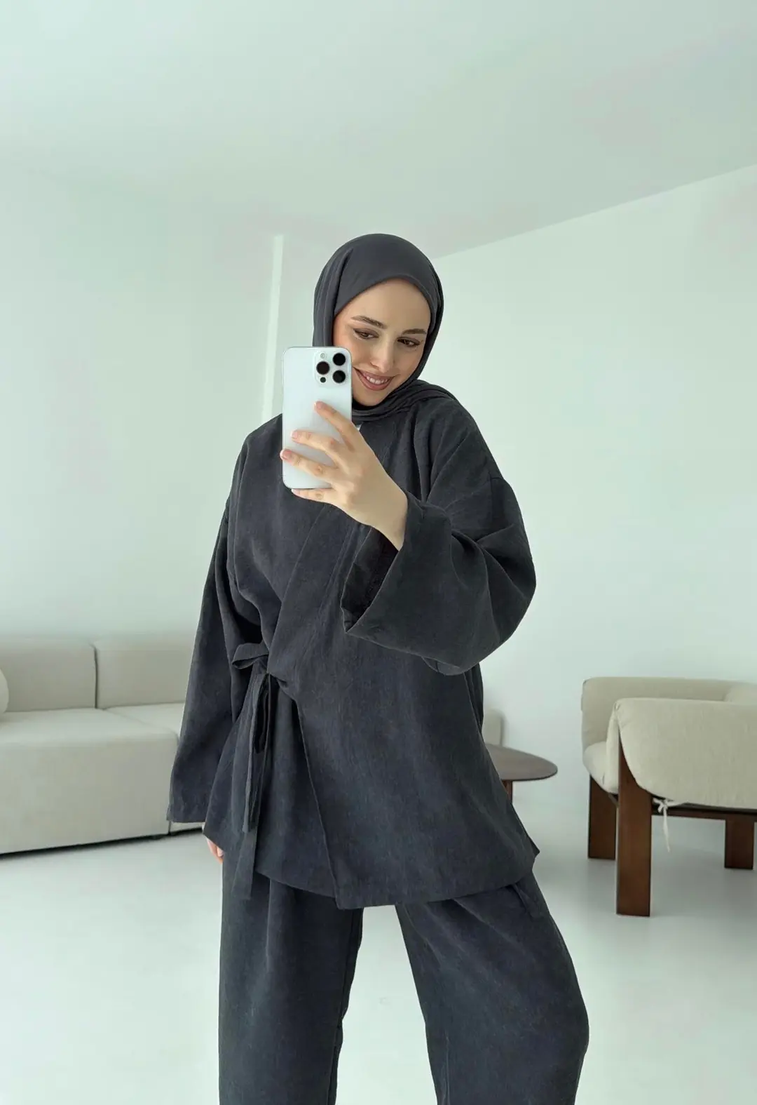Kimono Pantolon Bambu Batik Takım Antrasit