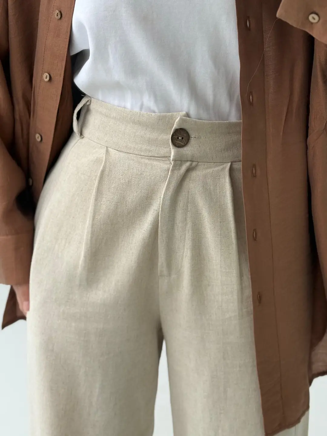 Paça Düğme Detaylı Keten Pantolon