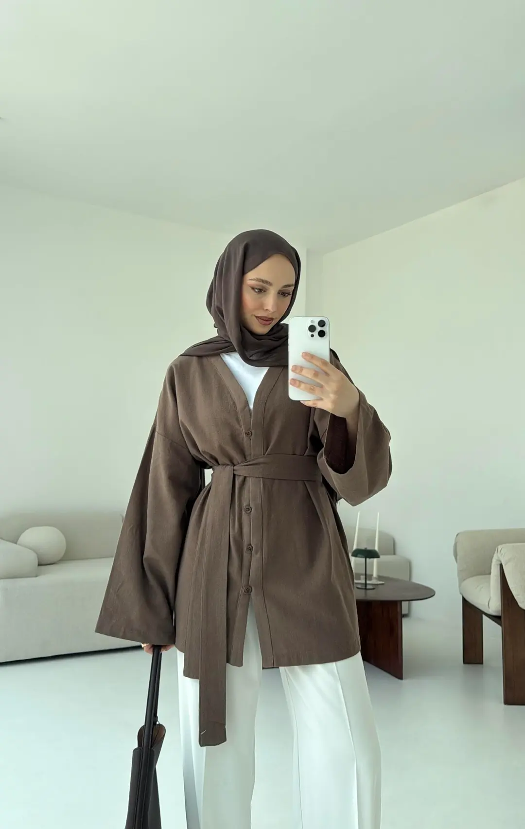 Linen Düğmeli Kimono Kahve