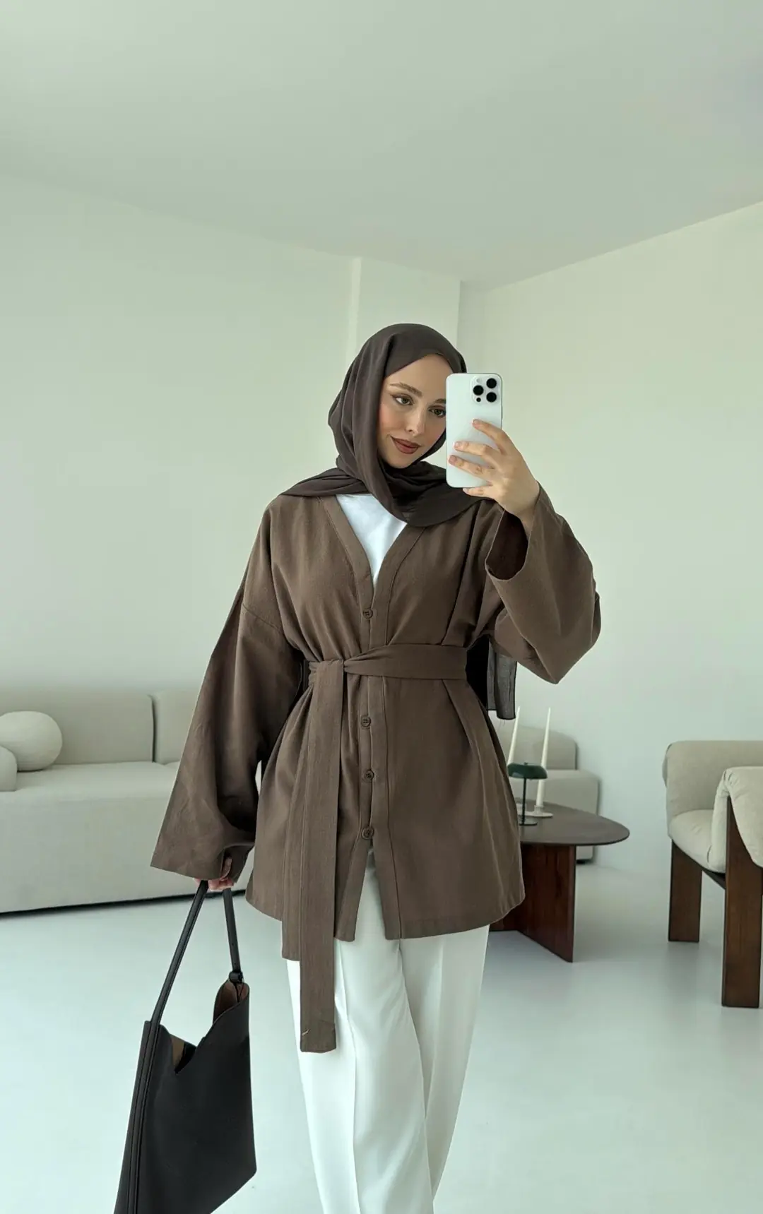 Linen Düğmeli Kimono Kahve