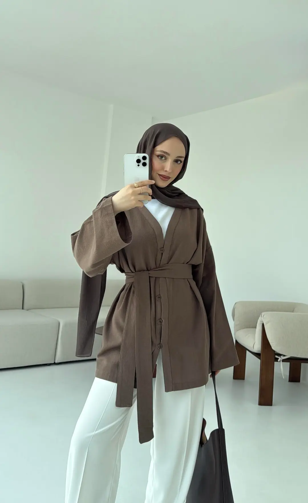 Linen Düğmeli Kimono Kahve