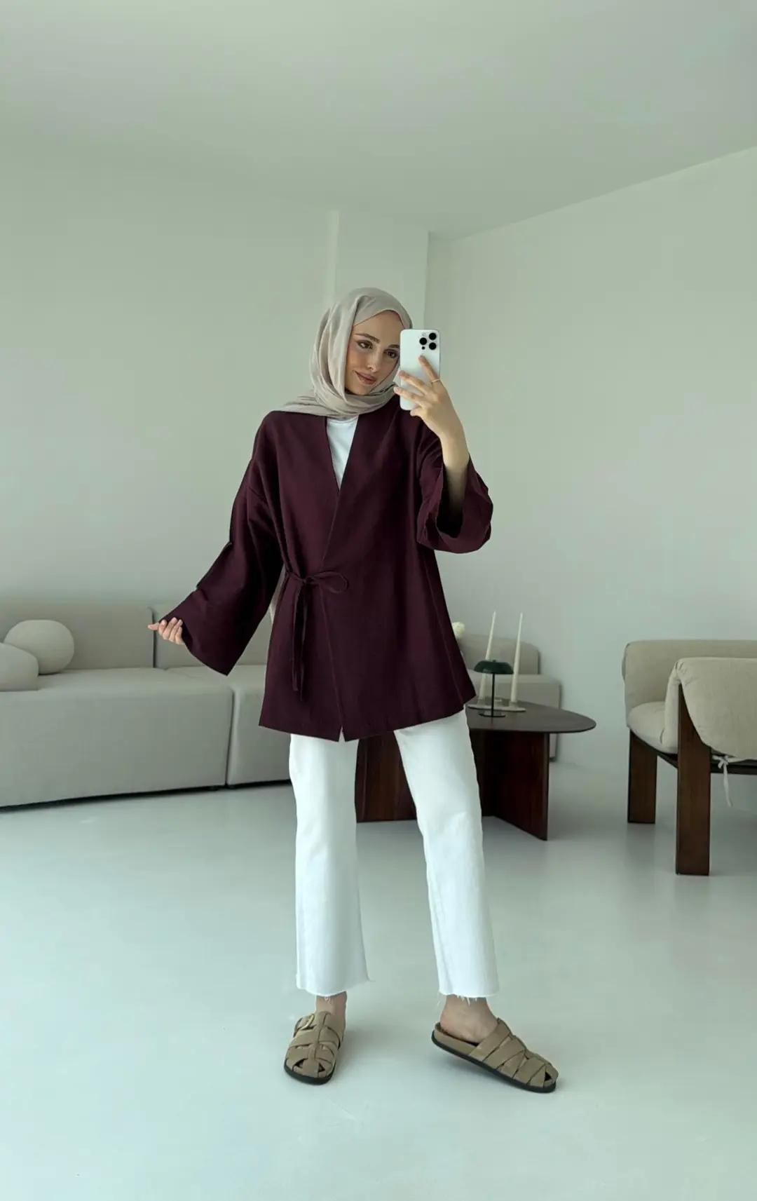 Pamuk Keten Yandan Bağlamalı Kimono Bordo