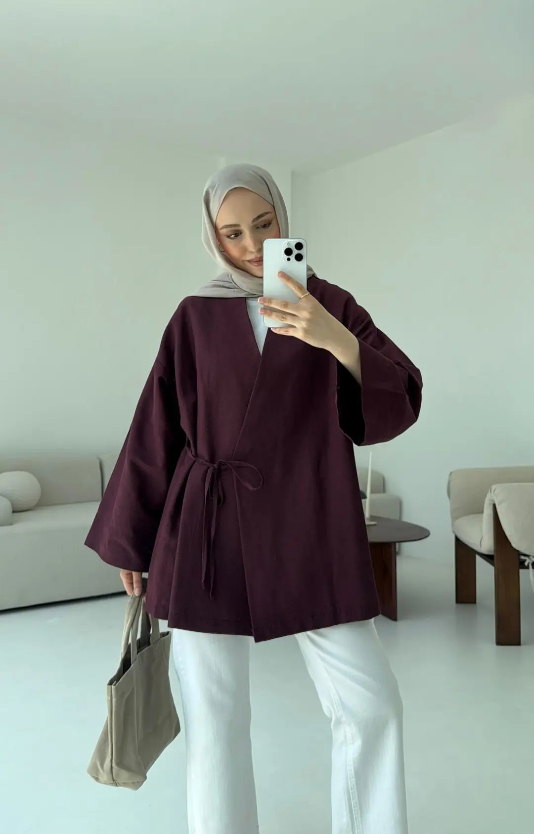 Pamuk Keten Yandan Bağlamalı Kimono Bordo
