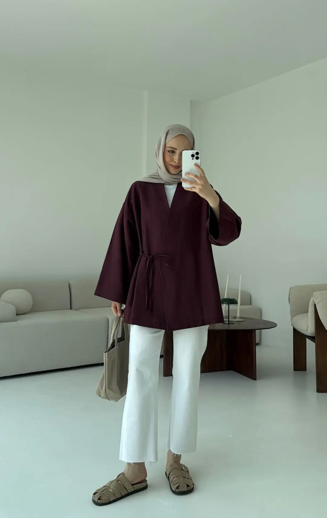 Pamuk Keten Yandan Bağlamalı Kimono Bordo