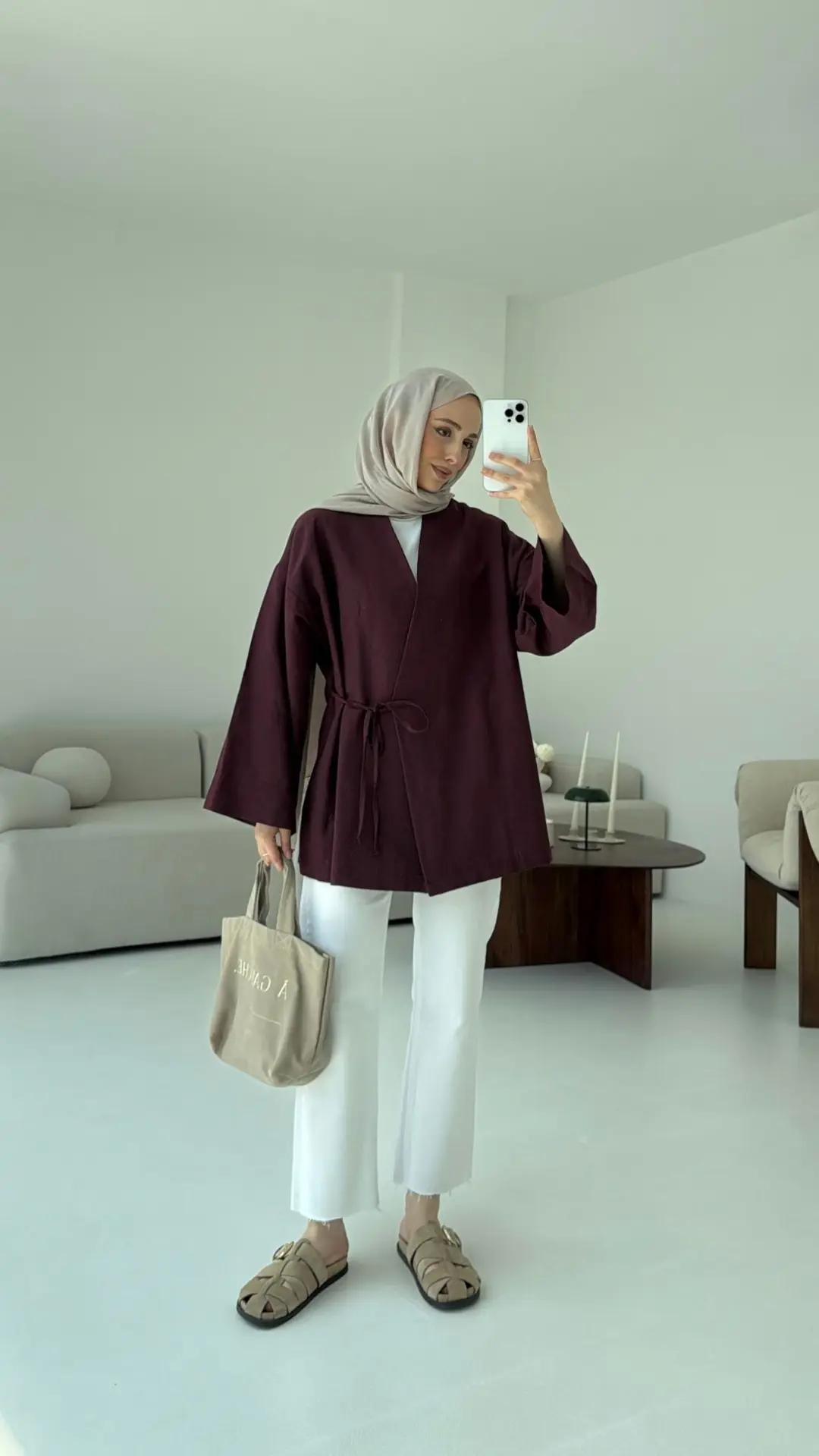 Pamuk Keten Yandan Bağlamalı Kimono Bordo