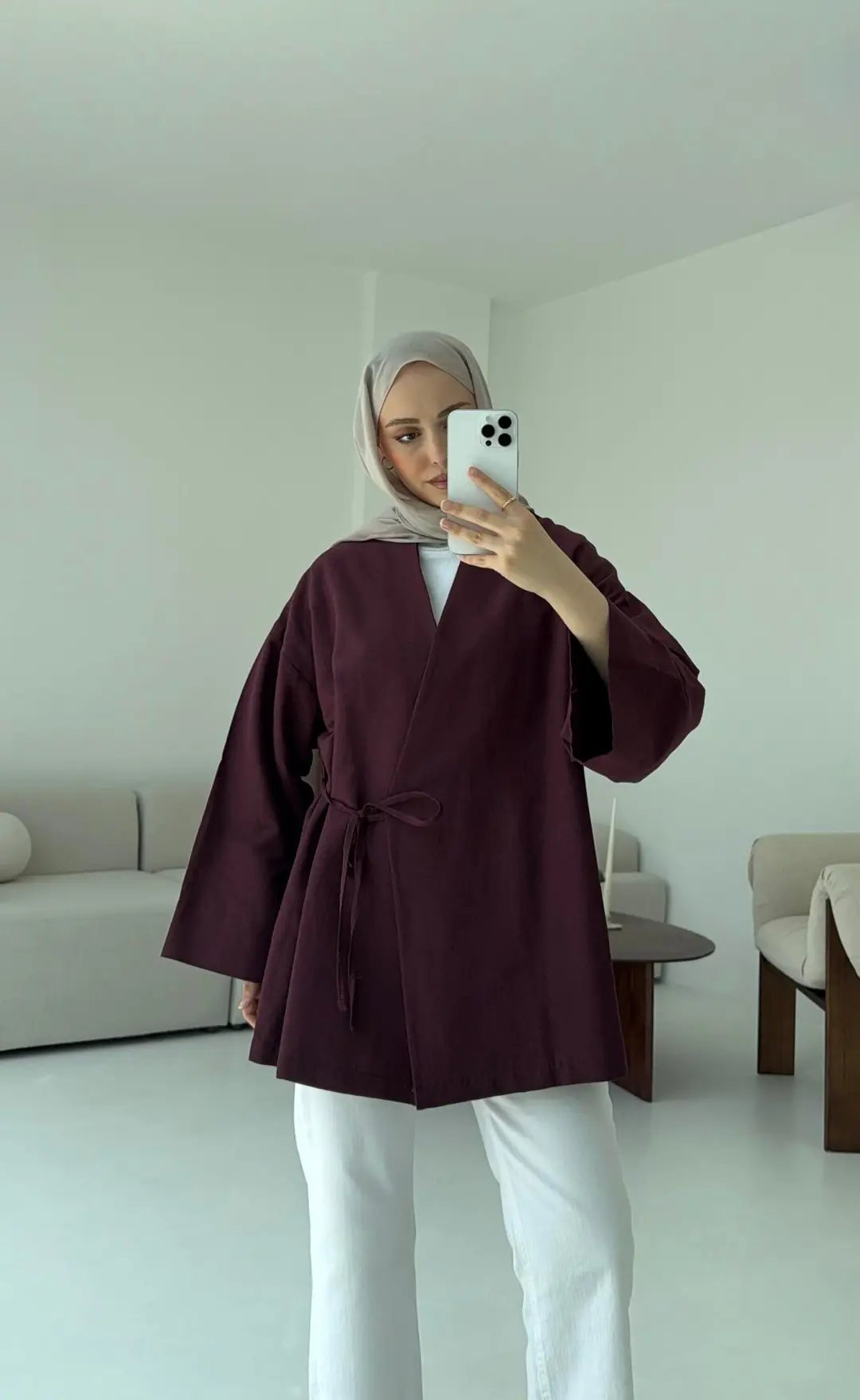 Pamuk Keten Yandan Bağlamalı Kimono Bordo