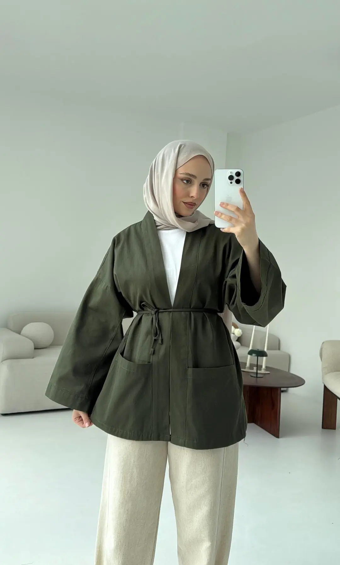Pamuk Gabardin Kimono Haki