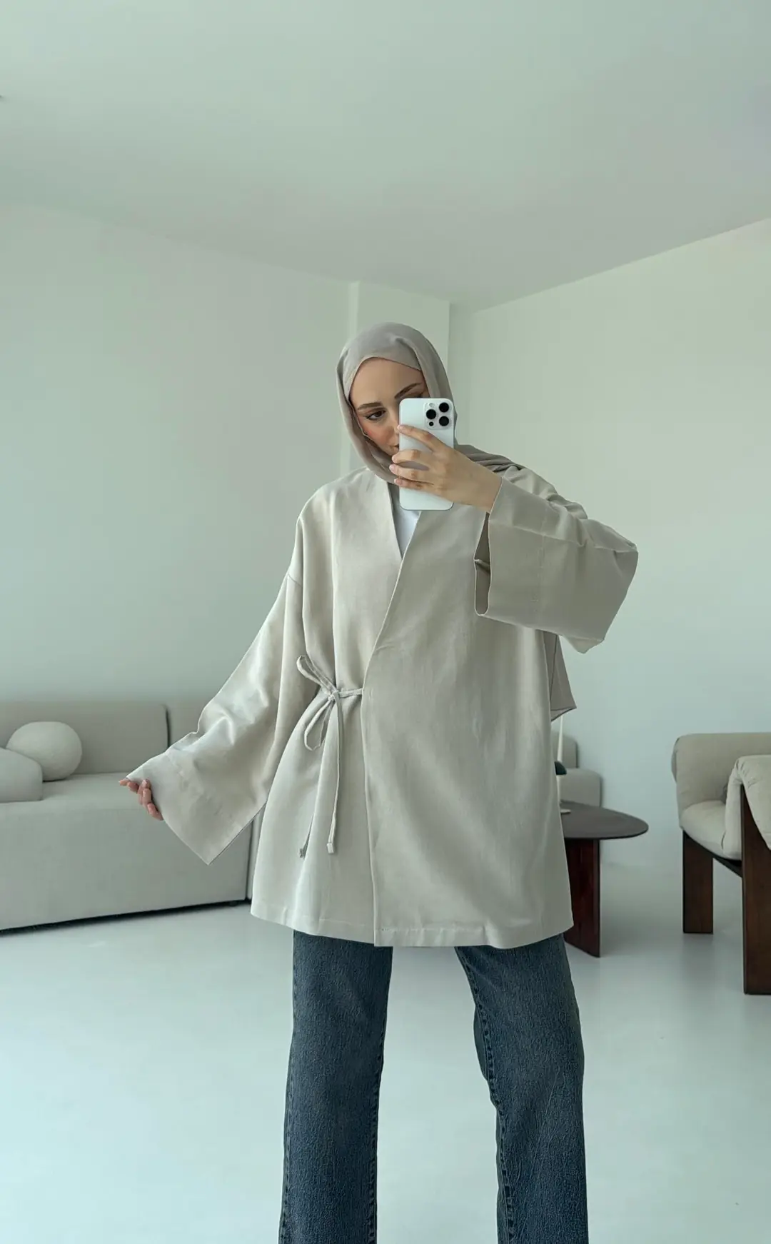 Pamuk Keten Yandan Bağlamalı Kimono Taş