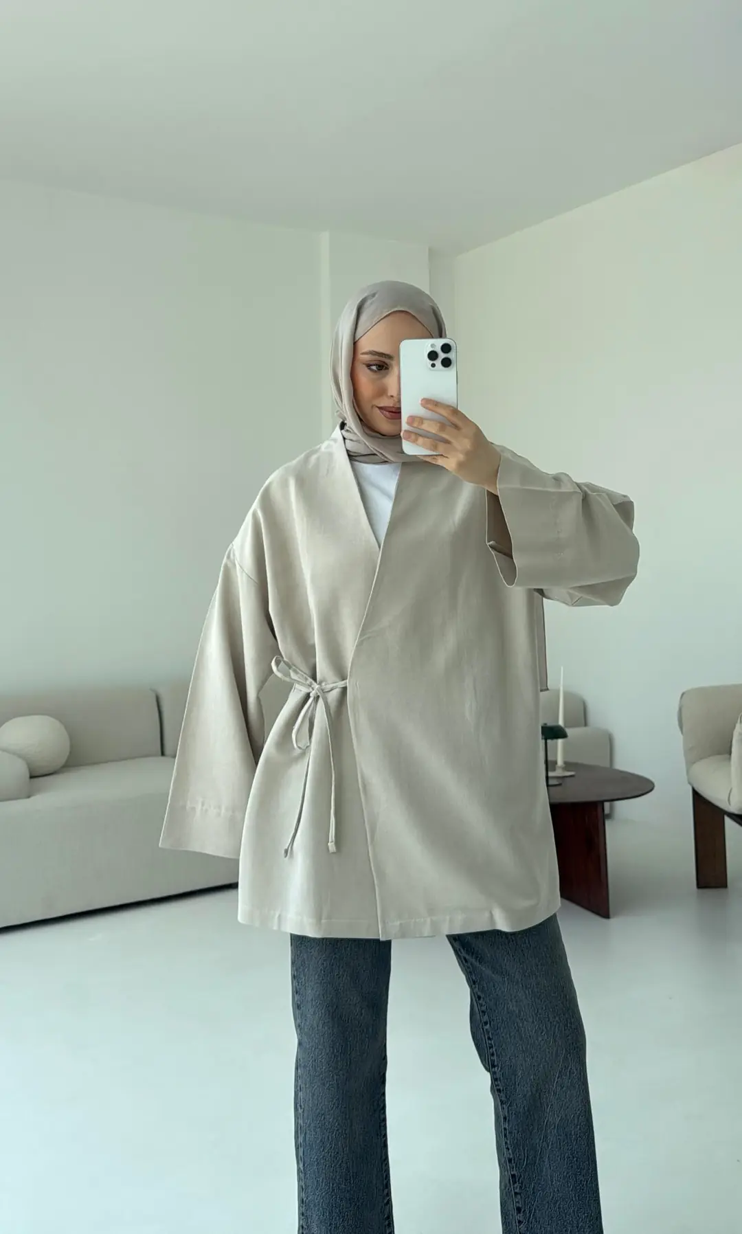 Pamuk Keten Yandan Bağlamalı Kimono Taş