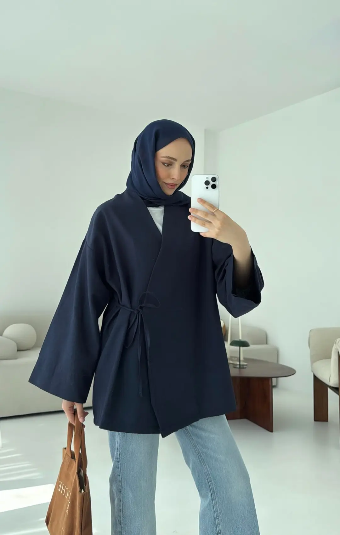 Pamuk Keten Yandan Bağlamalı Kimono Lacivert