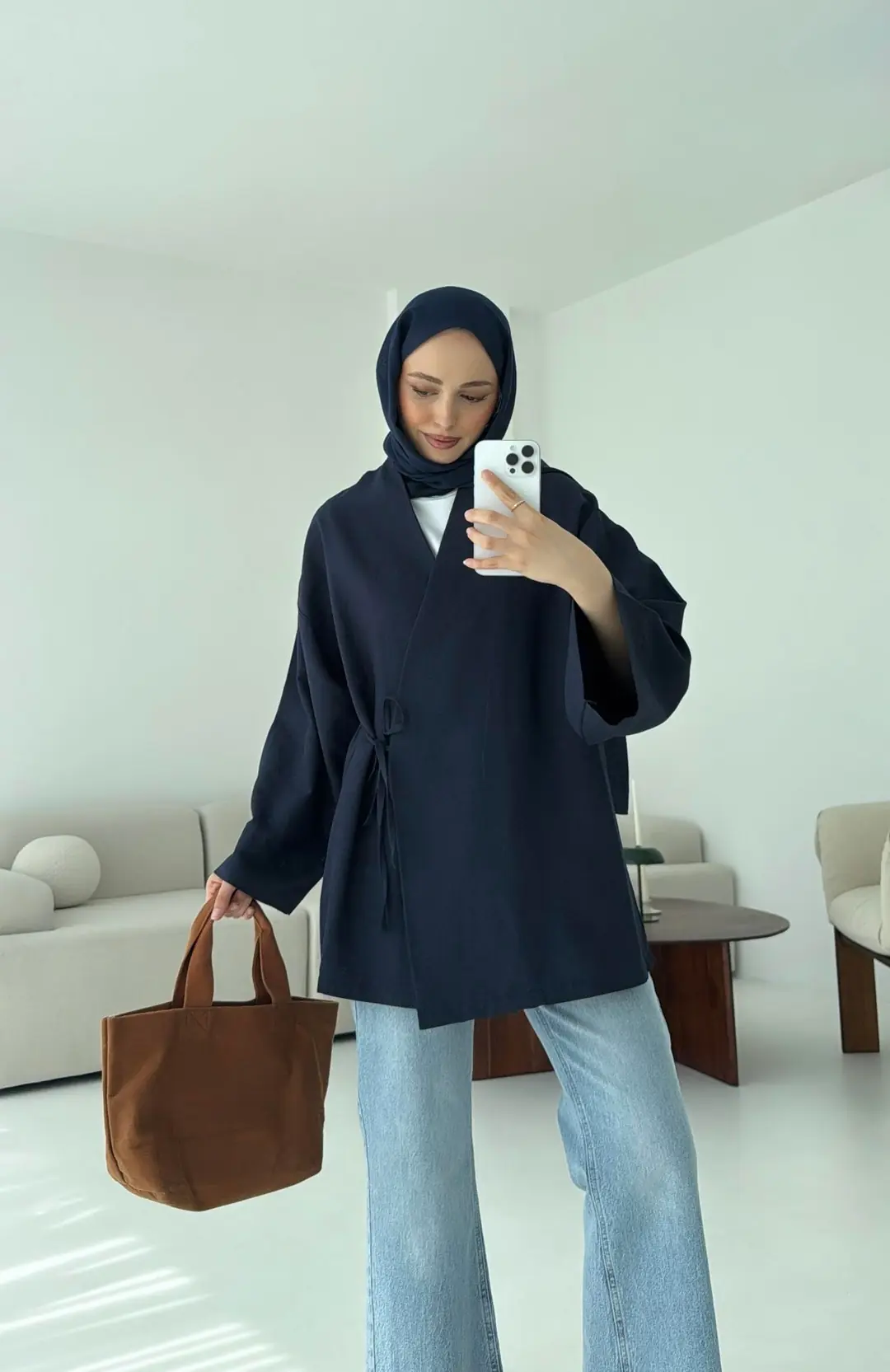 Pamuk Keten Yandan Bağlamalı Kimono Lacivert
