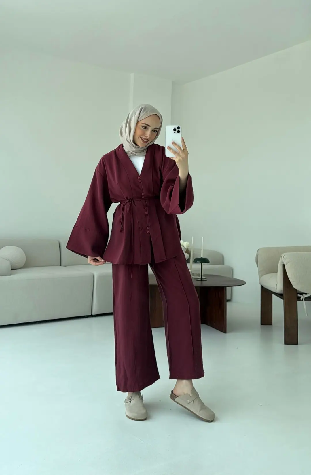 Şal Yaka Düğmeli Takım Bordo