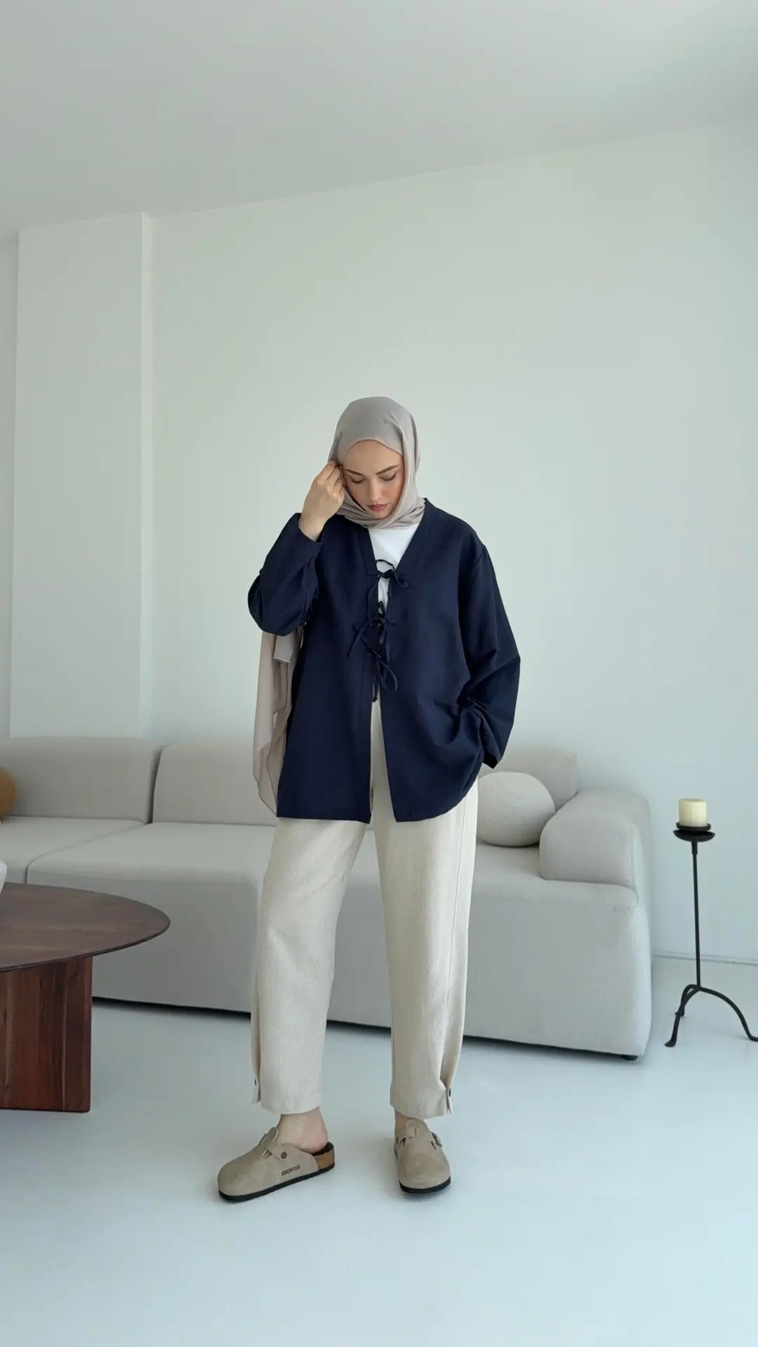 Keten Üç Bağlamalı Kimono Lacivert