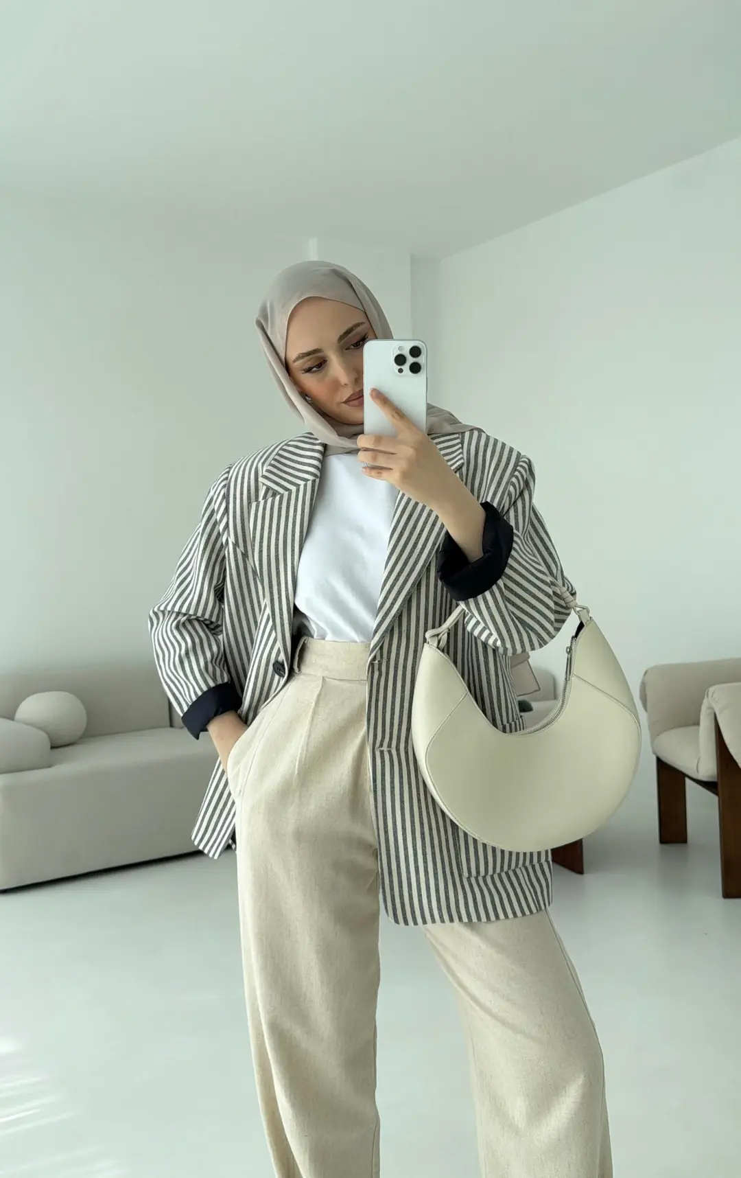 Çizgili Keten Lacivert Blazer Ceket
