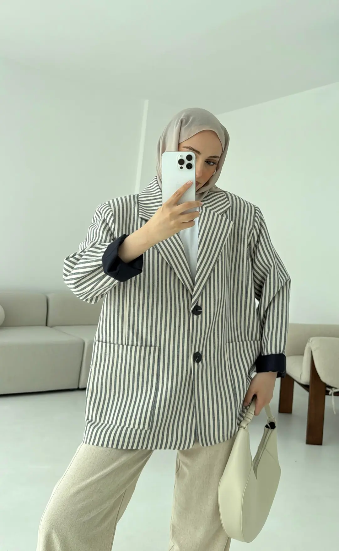 Çizgili Keten Lacivert Blazer Ceket