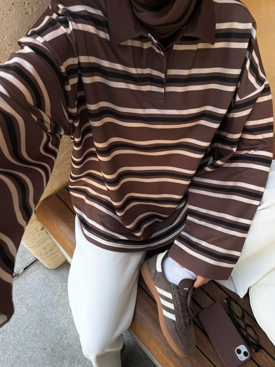 Kahve Çizgili Polo Yaka Sweatshrt