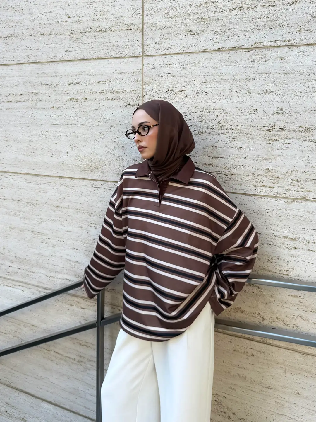 Kahve Çizgili Polo Yaka Sweatshrt