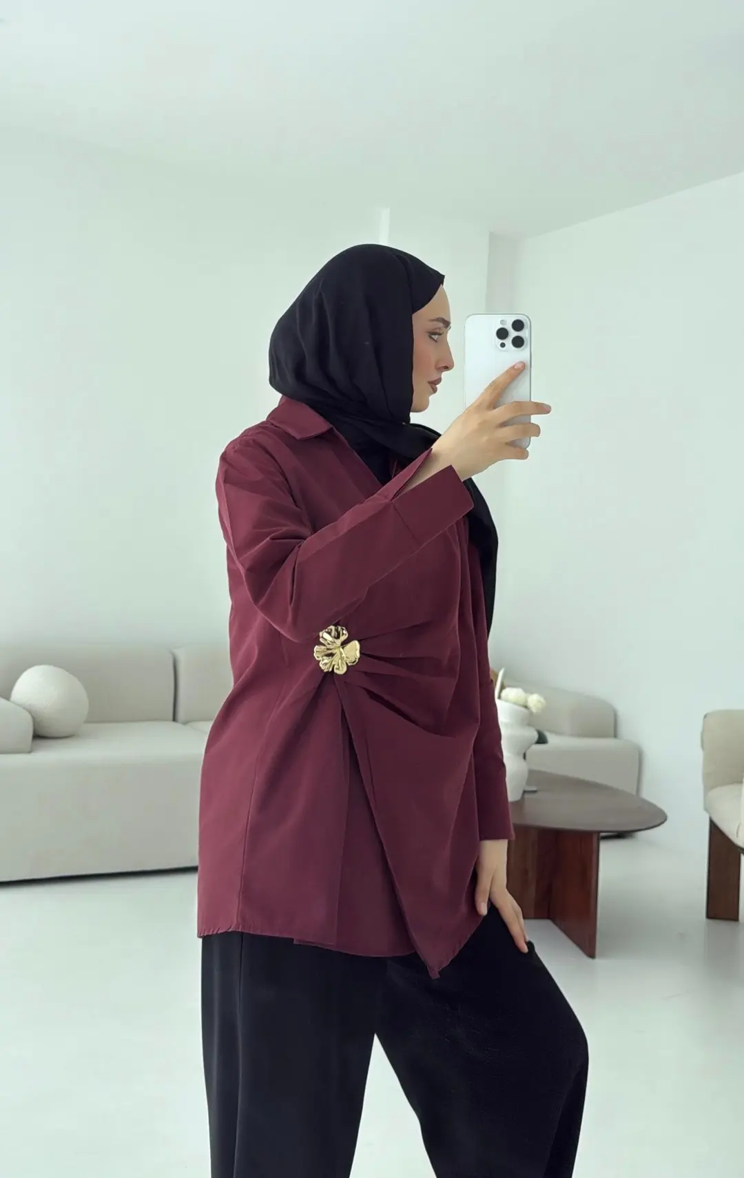 Broş Detaylı Tasarım Gömlek Bordo