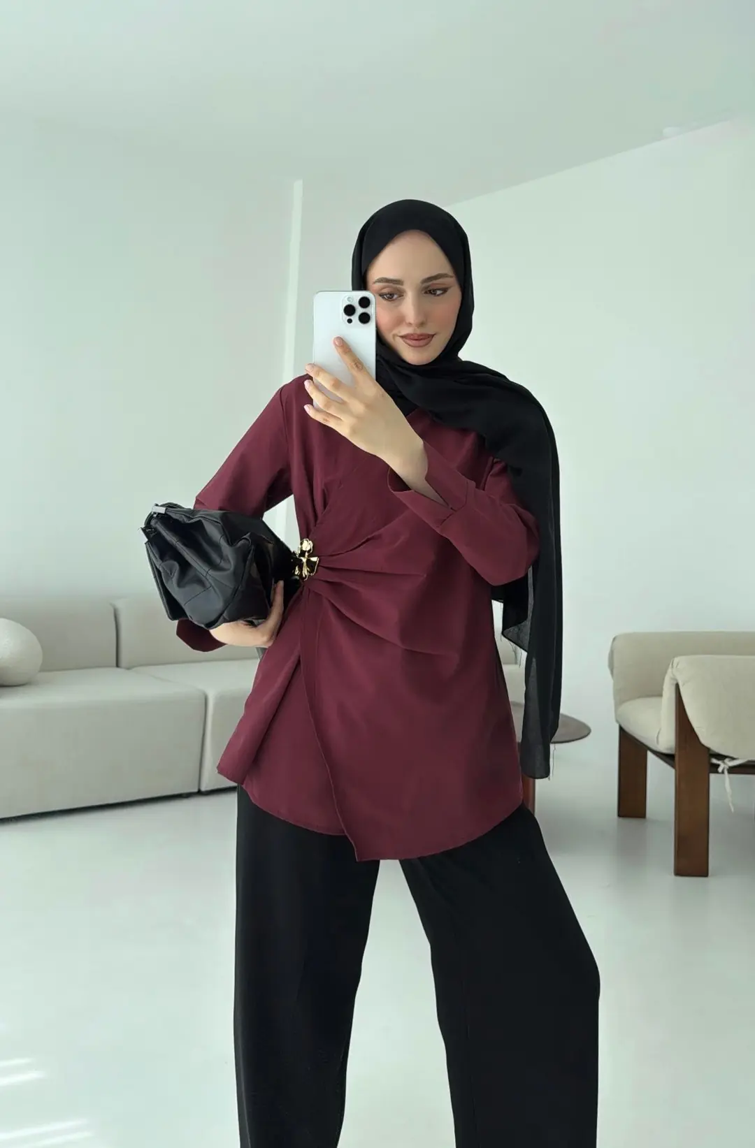 Broş Detaylı Tasarım Gömlek Bordo