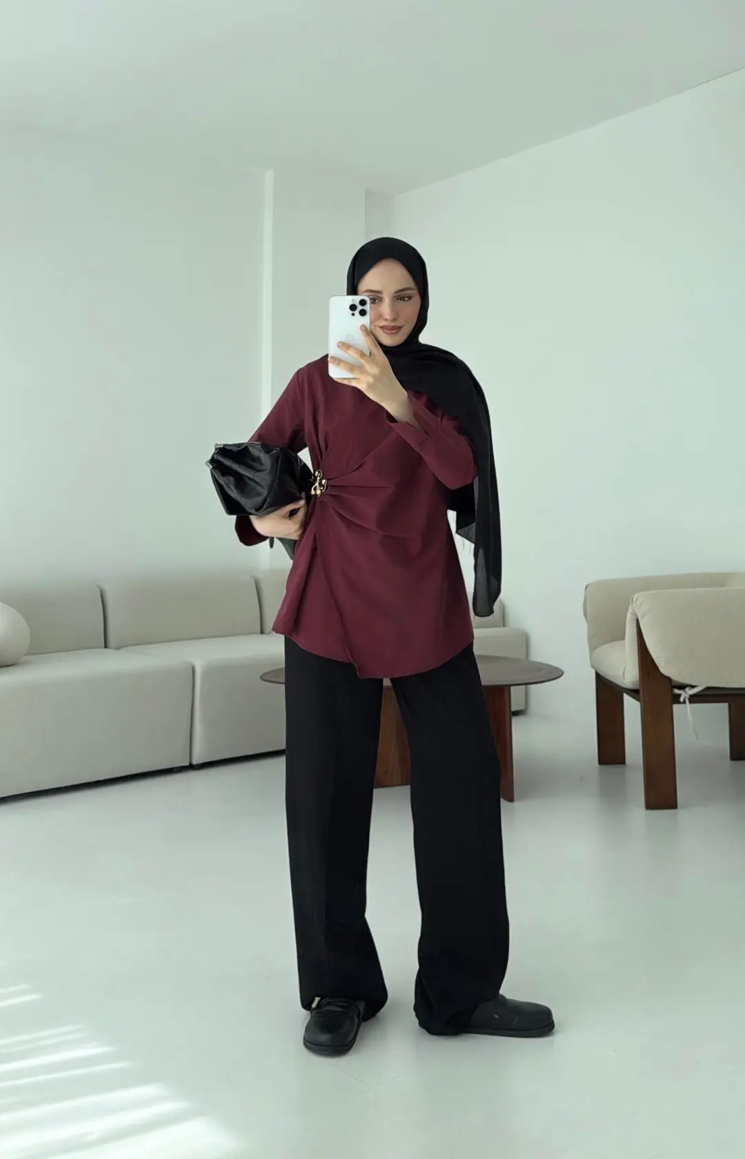 Broş Detaylı Tasarım Gömlek Bordo