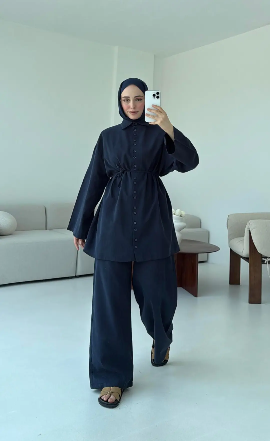 Oversize Keten Gömlek Takım Lacivert