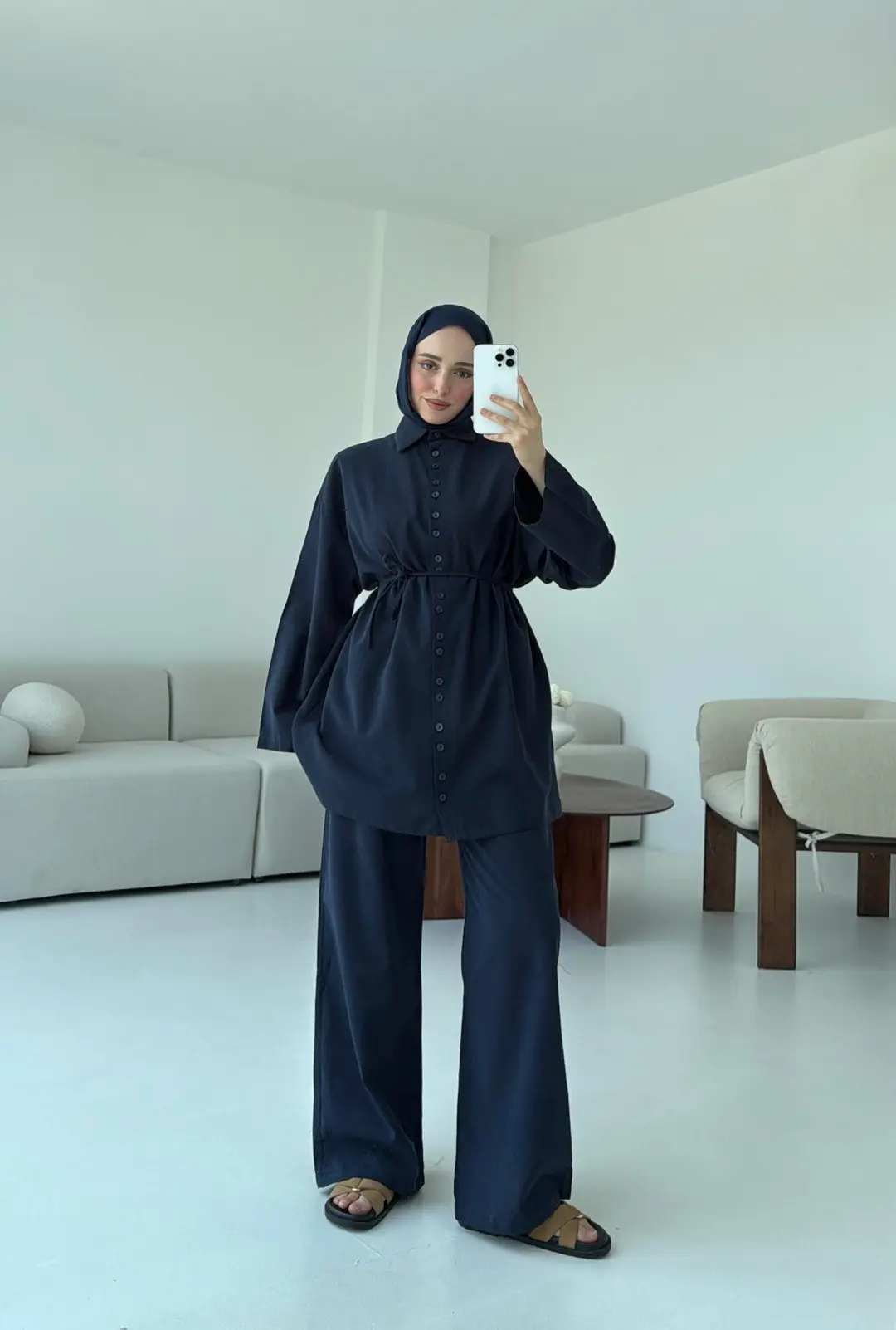 Oversize Keten Gömlek Takım Lacivert