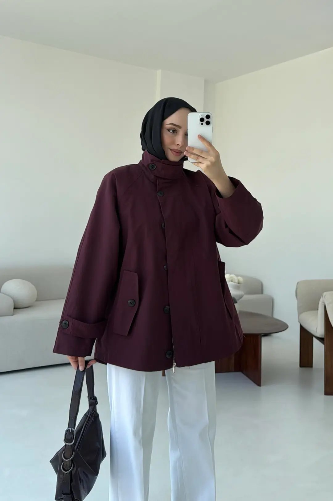 Minimal Yakalı Trençkot Bordo