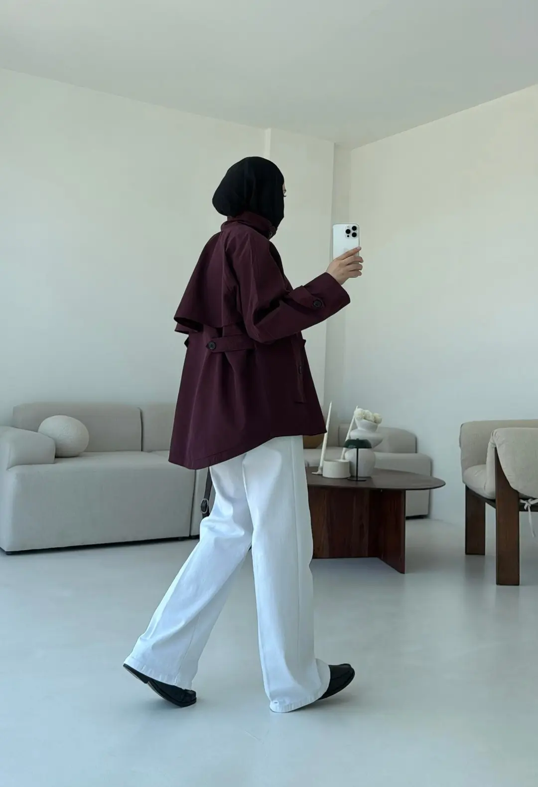 Minimal Yakalı Trençkot Bordo