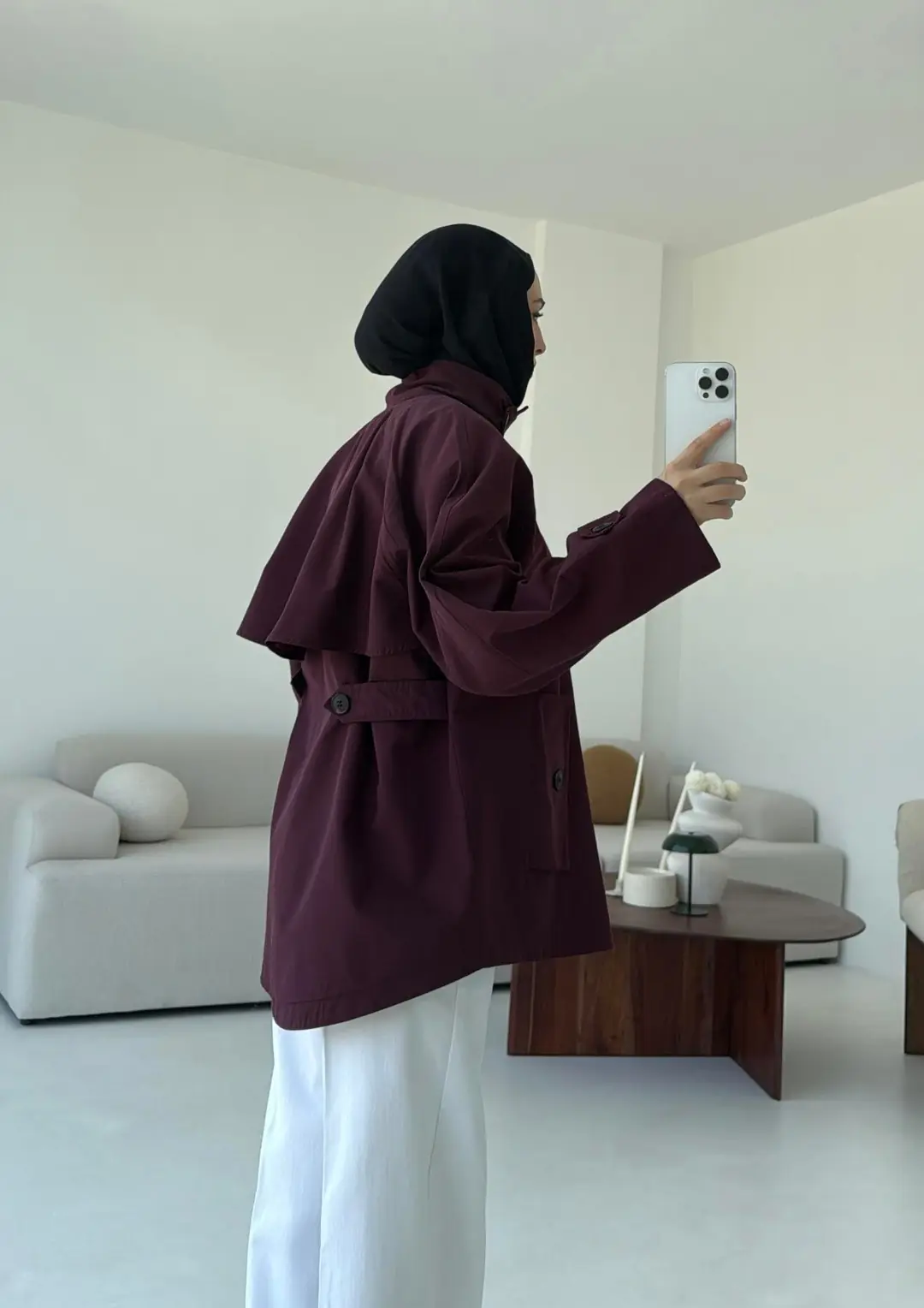 Minimal Yakalı Trençkot Bordo