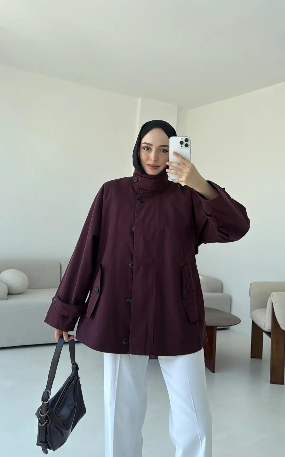 Minimal Yakalı Trençkot Bordo