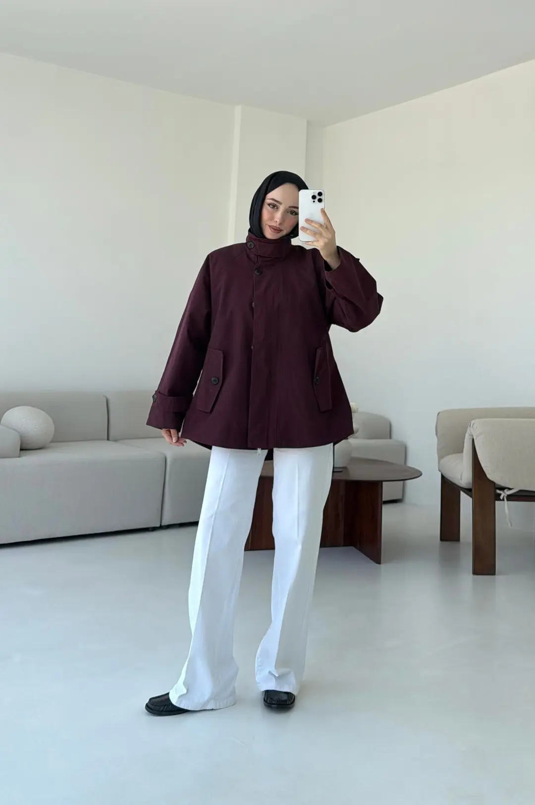 Minimal Yakalı Trençkot Bordo