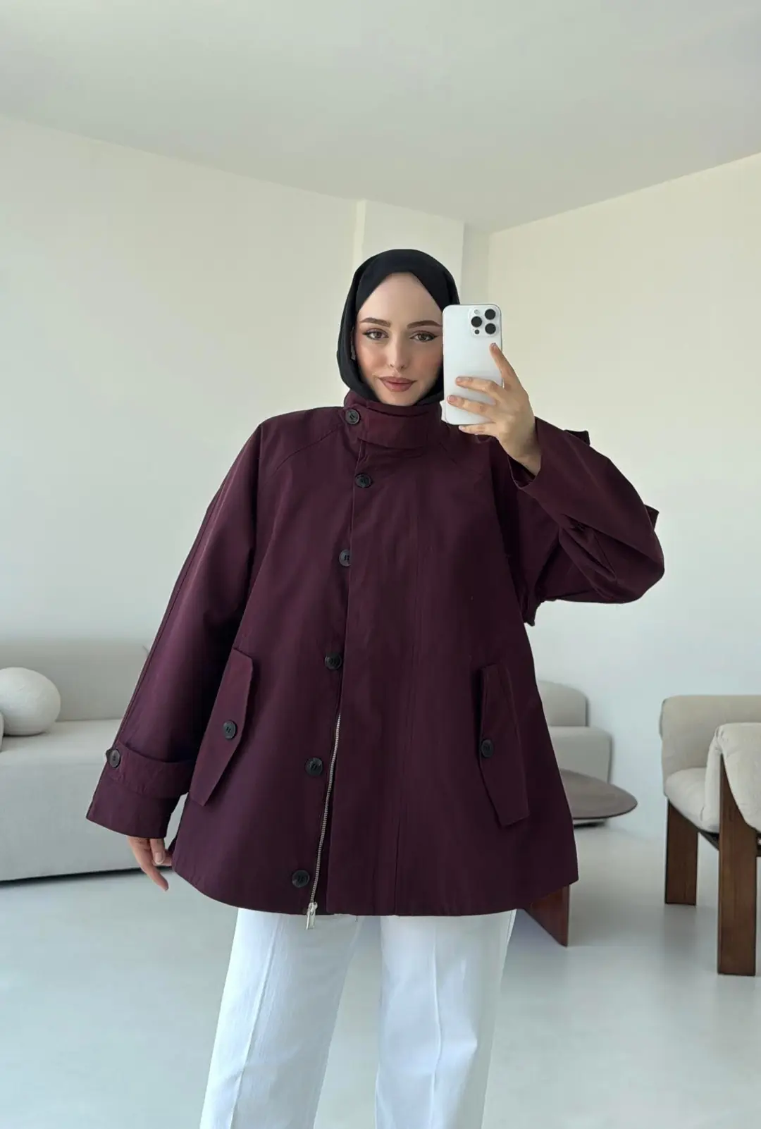 Minimal Yakalı Trençkot Bordo