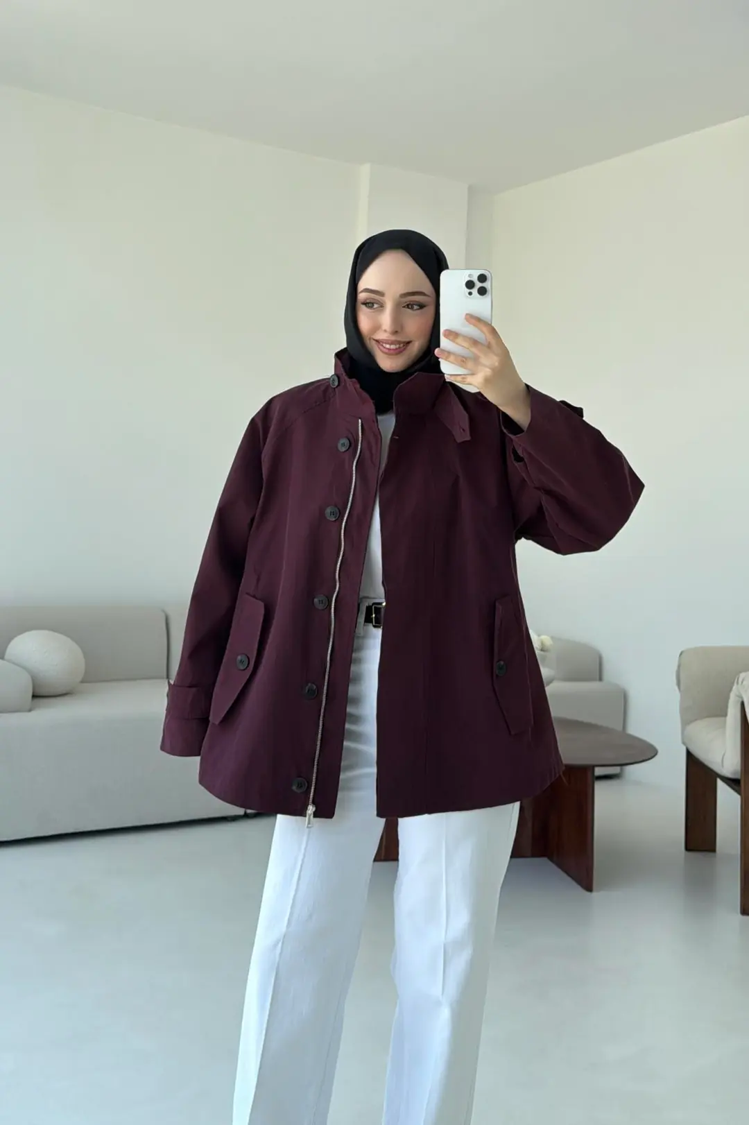 Minimal Yakalı Trençkot Bordo