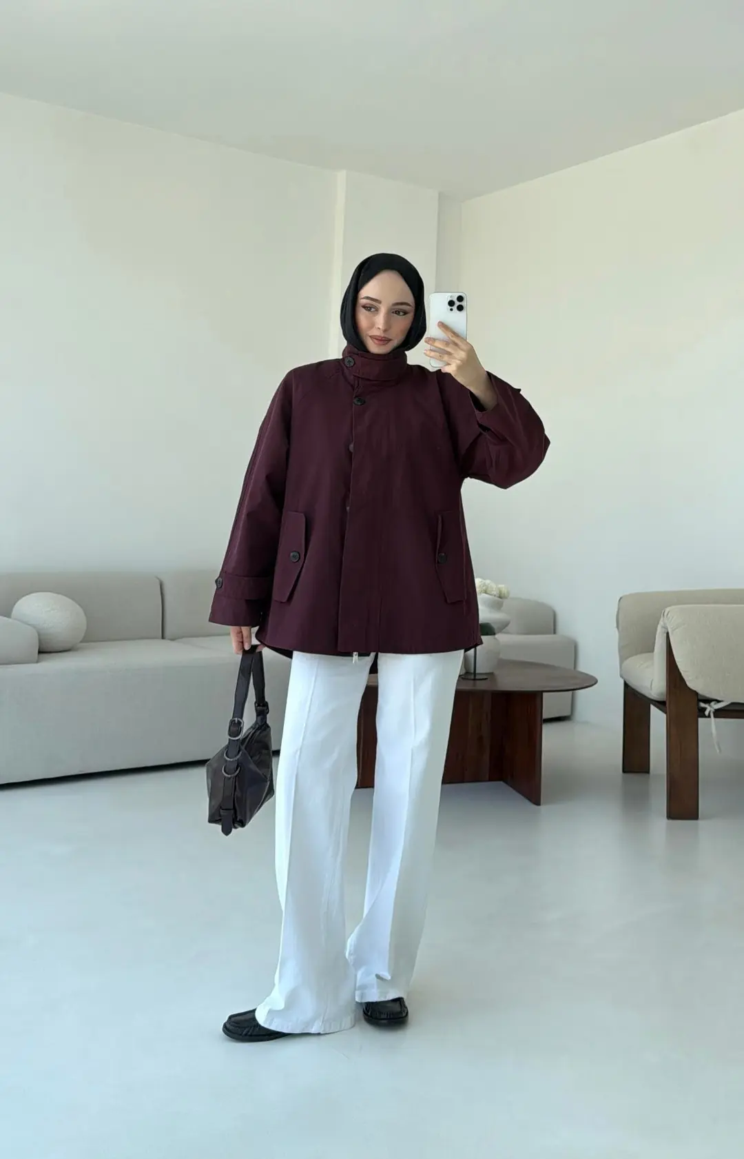 Minimal Yakalı Trençkot Bordo
