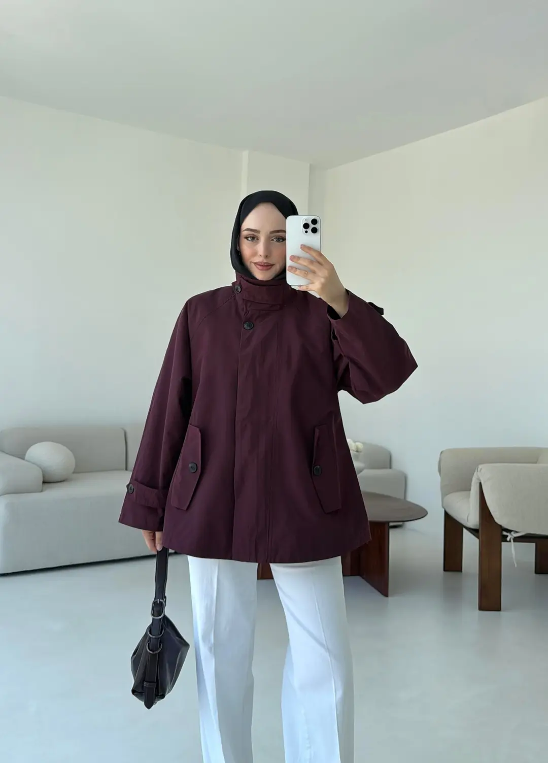 Minimal Yakalı Trençkot Bordo