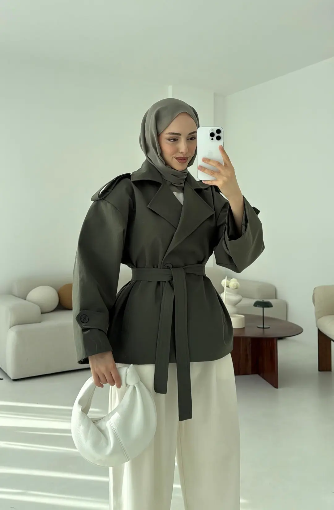 Vatkalı Kısa Trençkot Haki