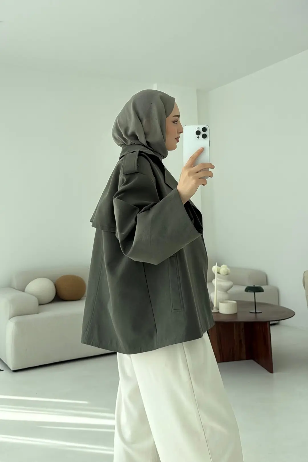 Vatkalı Kısa Trençkot Haki